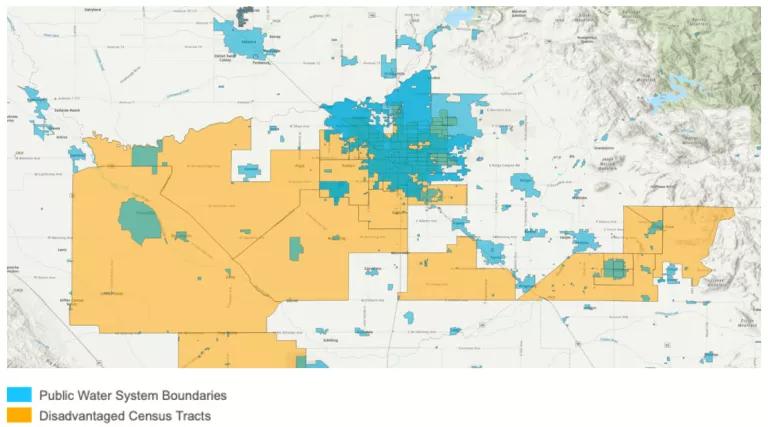 A map of the public water system boundaries in Fresno, California