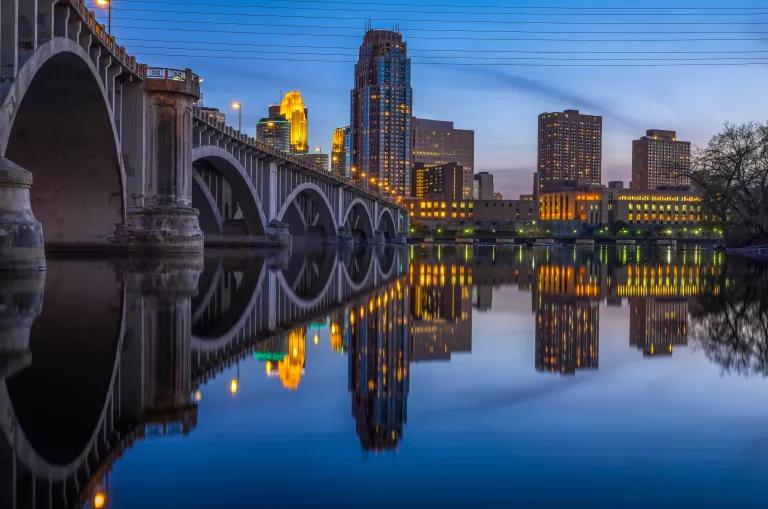 Third Avenue Bridge spanning the Mississippi River in downtown Minneapolis, Minnesota.