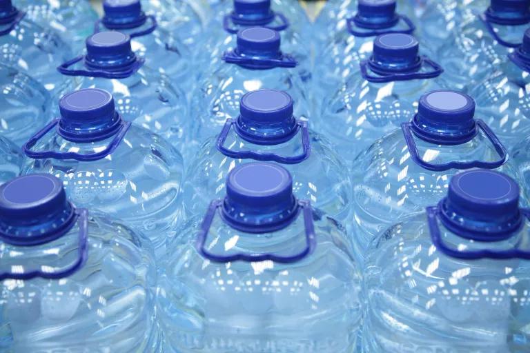 A pallet of plastic water bottles.
