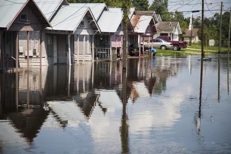 Floodwaters surround homes in Orange, Texas, on September 4, 2017.