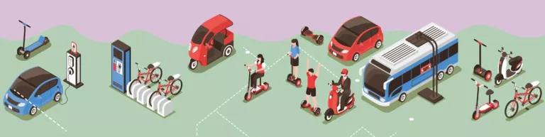 The image is an isometric illustration depicting various forms of electric mobility and associated charging infrastructure.