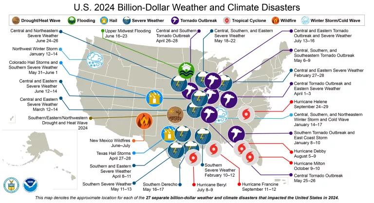 Map showing the approximate location for each of the 27 separate billion-dollar weather and climate disasters that impacted the United States in 2024.