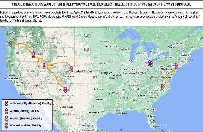 A map of the United States showing hazardous waste from three pyrolysis facilities likely traveled through 13 states on its way to disposal
