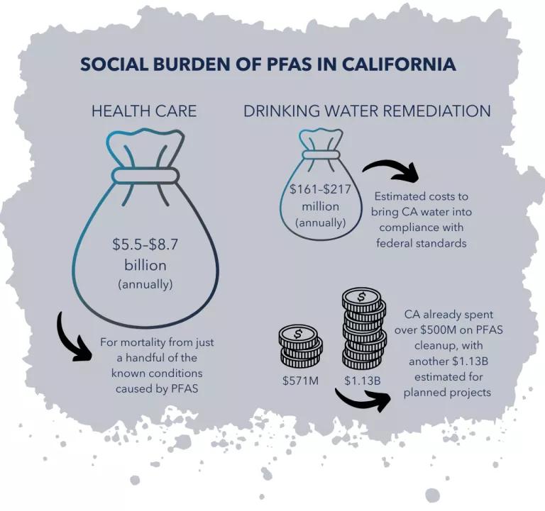 A graphic titled "The social burden of pfas in CA"