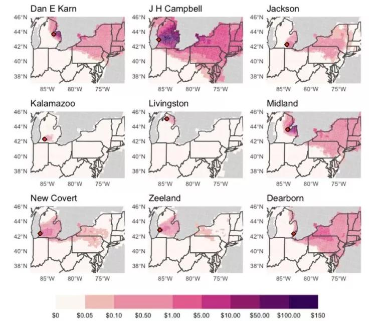 A group of maps of the Midwest and Northeast United States, with shades of pink
