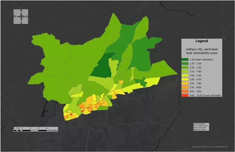 A map showing Jodhpur, India, with shades of green, yellow, orange, and red to show heat
