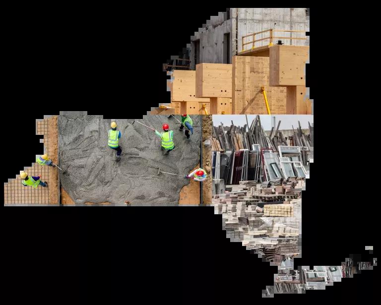 A graphic of construction images in a silhouette of New York state