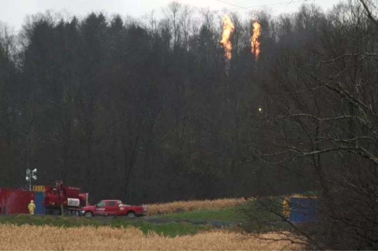 Gas flaring in rural Dimock.  As part of fracking operations gas is flared constantly, and the sound is similar to that of a highway.jpg