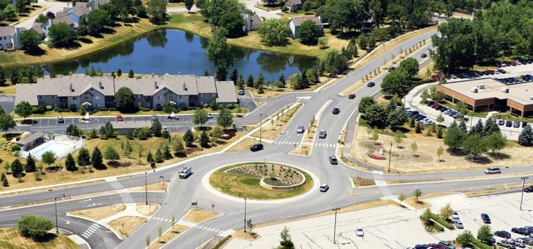 An aerial view of a traffic circle