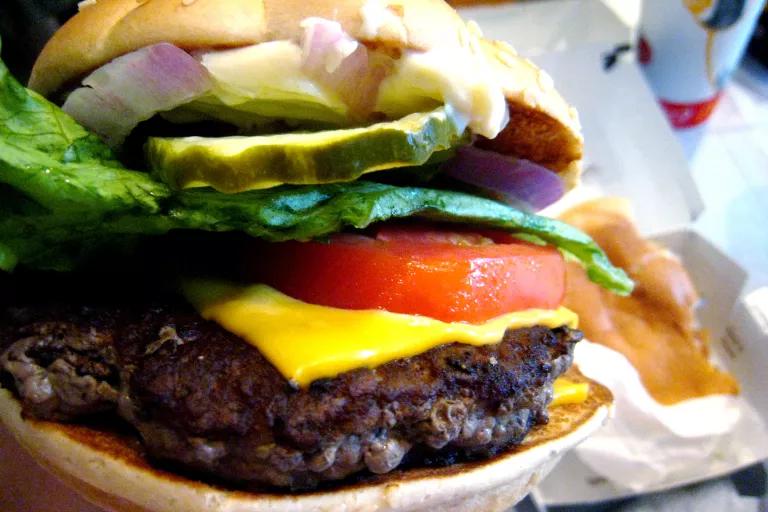 A burger with lettuce, tomato, cheese, pickle, and onion