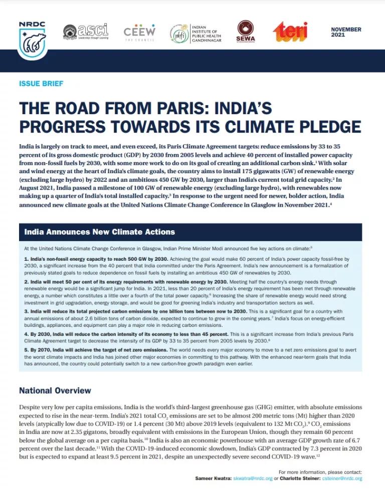 New NRDC Report Called The Road from Paris: India's Progress Towards Its Climate Pledge