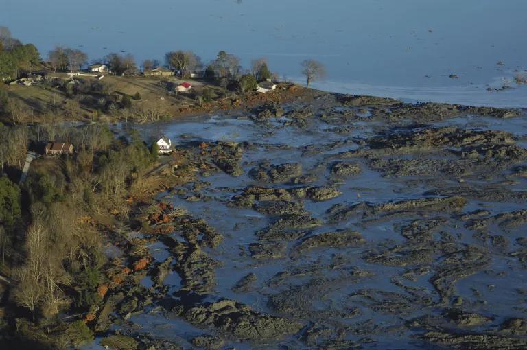 An aerial view of a marshy coastline covered in black muck