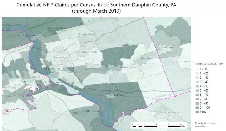 Cumulative NFIP claims per census tract in southern Dauphin County, Pennsylvania, through March 2019. Municipalities shown include Harrisburg, Middletown, Hummelstown, and Hershey.