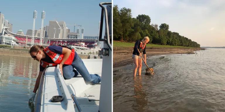 Two photos of women collecting water samples for testing