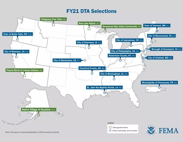Map of the United States showing locations of Fiscal Year 21 direct technical assistance selections: 15 non-tribal recipients in 15 different states and 5 tribal recipients.