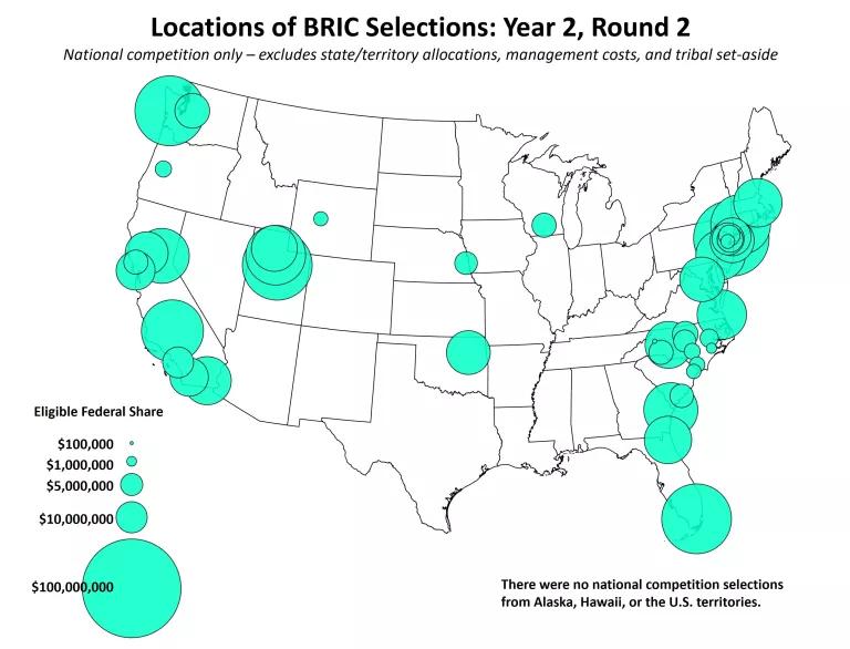 Locations of BRIC Selections: Year 2, Round 2. Map of the contiguous 48 states with blue circles showing the location and relative size of selected projects.