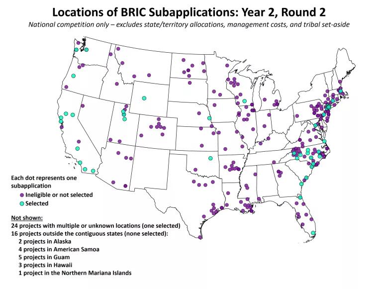 Locations of BRIC Selections: Year 2, Round 2. Map of the contiguous 48 states with blue and purple dots showing the locations of selected and ineligible or not selected projects, respectively.