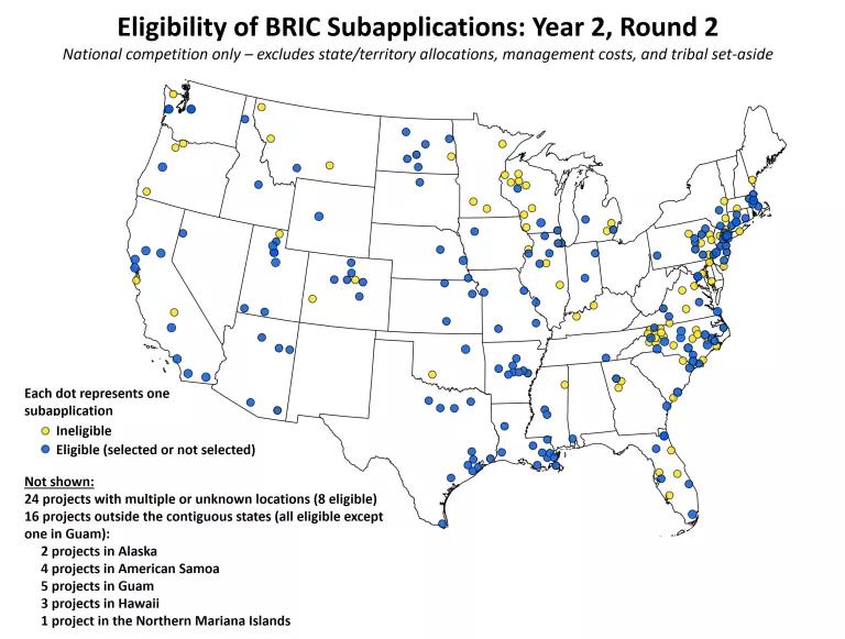 Eligibility of BRIC Subapplications: Year 2, Round 2. Map of the contiguous 48 states with blue and yellow dots showing the locations of eligible and ineligible BRIC projects, respectively.