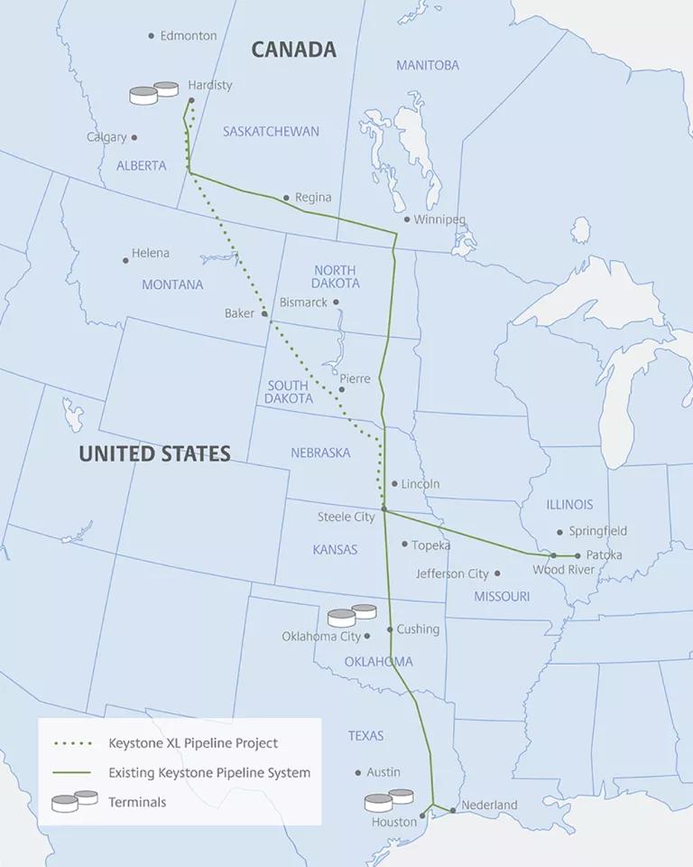 A map showing the route of the Keystone XL pipeline