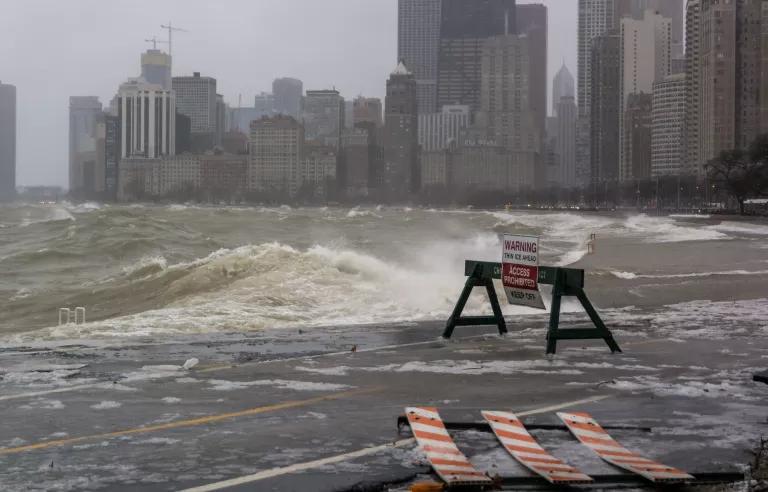 A severe storm washes over emergency barricades on Lake Michigan in Chicago