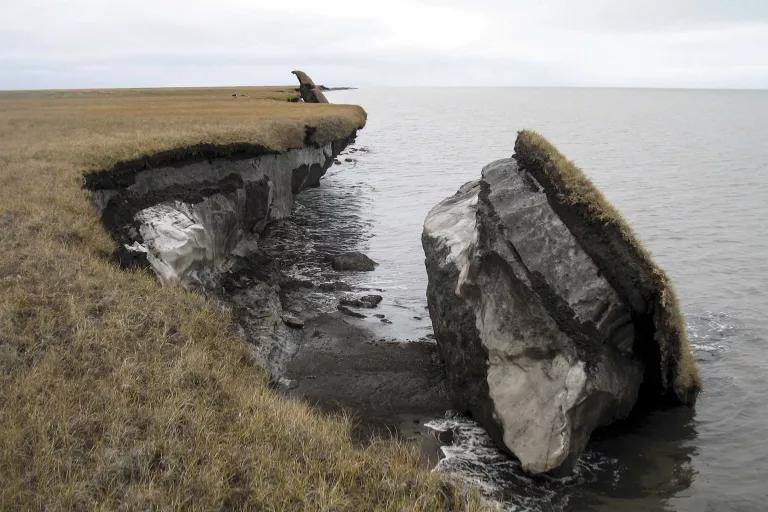 A chunk of land that broke off of a coastline sits in the water just below it, with layers of grass, ice, and soil visible in its cross-section