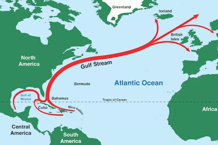 A map showing where the Gulf Stream moves in the Atlantic Ocean