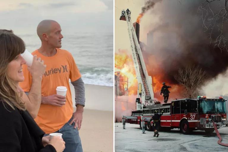 At left, a man and a woman stand on a beach looking out at the water; at right, three firefighters move near a fire truck with its ladder extended in front of a burning building