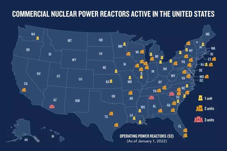 A map entitled "Commercial Nuclear Power Reactors Active in the United States"