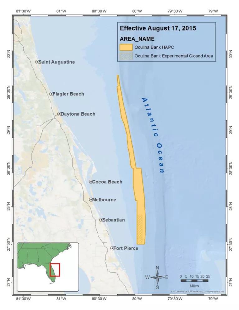 Map showing Oculina HAPC along the Florida coast.
