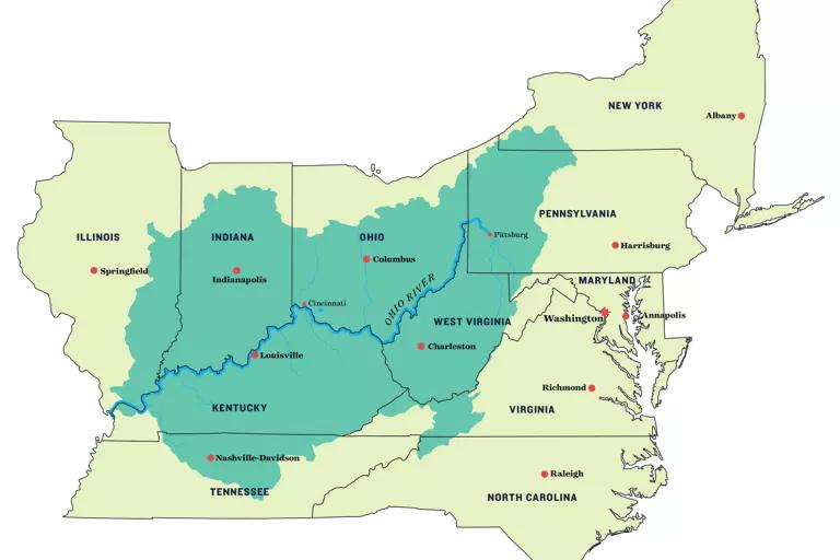 A map highlighting the Ohio River watershed, which touches Illinois, Indiana, Kentucky, Maryland, New York, North Carolina, Ohio, Pennsylvania, and Tennessee, Virginia, and West Virginia