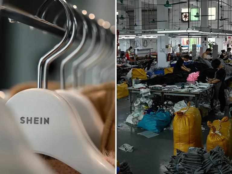 At left, a close-up view of clothing hangers with "Shein" printed on them; at right, a clothing factory floor