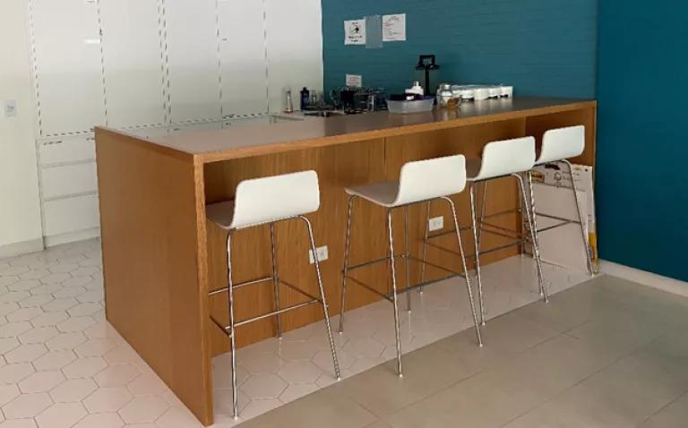 The counter is made from FSC-certified Colorcore Formica laminate