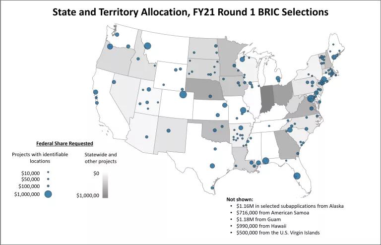 Map of the contiguous United States titled “State and Territory Allocation, FY21 Round 1 BRIC Selections.” Blue dots show a relatively even distribution of selected projects among the states, mostly on the order of $100,000 per project. 
