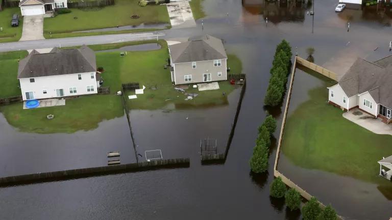 An aerial view of homes in a flooded neighborhood of Raleigh, North Carolina, in 2018
