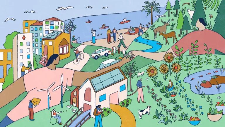 An illustration depicts two people reaching to touch hands with scenes of city buildings, an ocean with sailboats, people gardening, and a house with solar panels