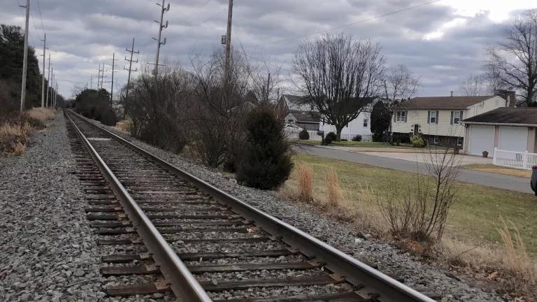 View of the railroad tracks that would be used for the Gibbstown LNG Export Project, running alongside a residential neighborhood in Gibbstown, NJ.