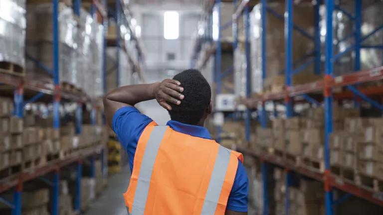 A warehouse worker resting his hand on the back of his head as he looks up at a shelving unit.