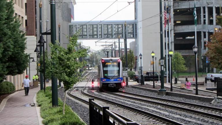 A train running on the Lynx Blue Line, a light rail line in Charlotte, North Carolina.