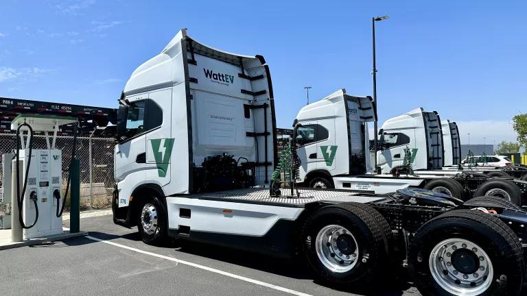 Heavy-duty electric trucks at a charging depot