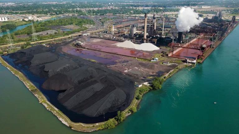 An aerial view of slag piles at a US Steel plant on Zug Island in Michigan