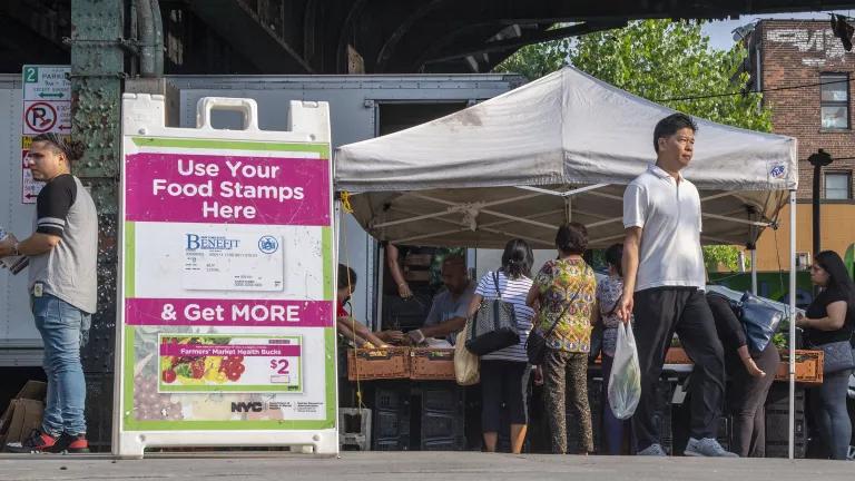 A sign that reads 'Use your food stamps here and get more' on display near people shopping at a farmers market in New York City.