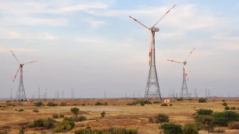 Dozens of wind turbines standing on flat land