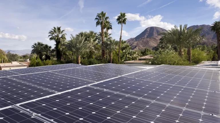 Rooftop solar panels on a home in Indian Wells, California.