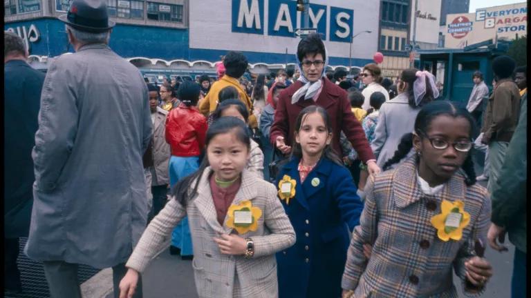 School children arriving at Union Square in New York City to celebrate the first Earth Day on April 22, 1970.