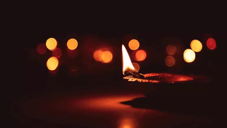 An oil lamp lit for Diwali, the Hindu festival of lights.