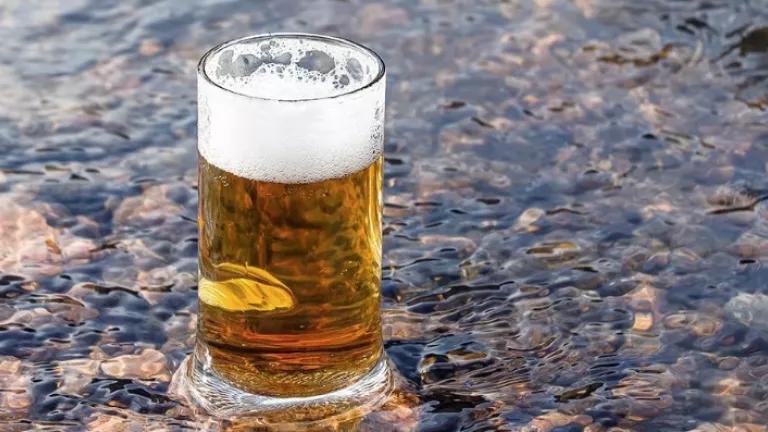 A glass of beer sitting in a shallow stream