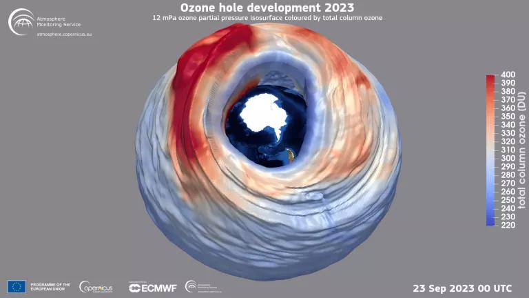 A 3D rendering of the Antarctic ozone hole on September 23, 2023.

The Antarctic ozone hole refers to the chemical depletion of the stratospheric ozone layer in this part of the globe and is an atmospheric phenomenon that occurs each year during the Southern Hemisphere Spring. Under normal meteorological conditions the hole begins to form in mid- to late August, and it closes towards the end of November.