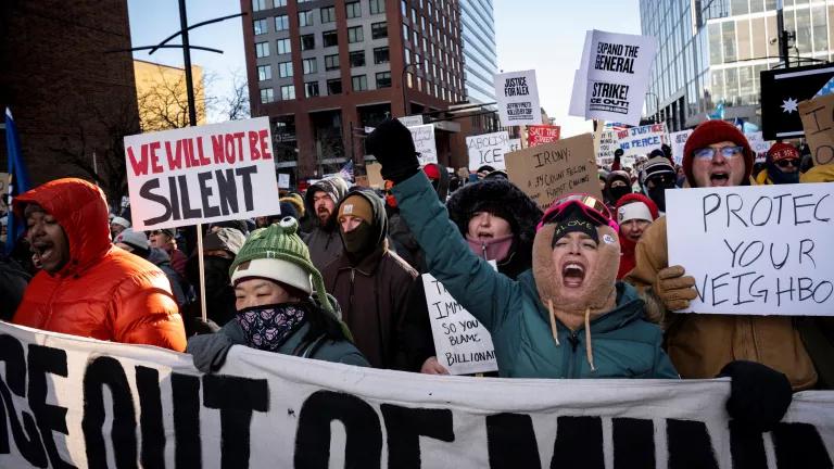 A crowd of protesters marching in support of immigrants and against Immigration and Customs Enforcement (ICE) in downtown Minneapolis, Minnesota, on January 25, 2026.