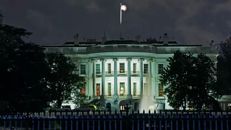 The facade of the South Portico of the White House in Washington, DC.