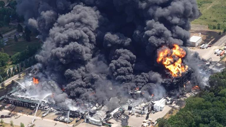 Firefighters battle an industrial fire at Chemtool Inc. in Rockton, Illinois, on June 14, 2021. The chemical fire at the plant which produces lubricants, grease products and other fluids, prompted local evacuations.